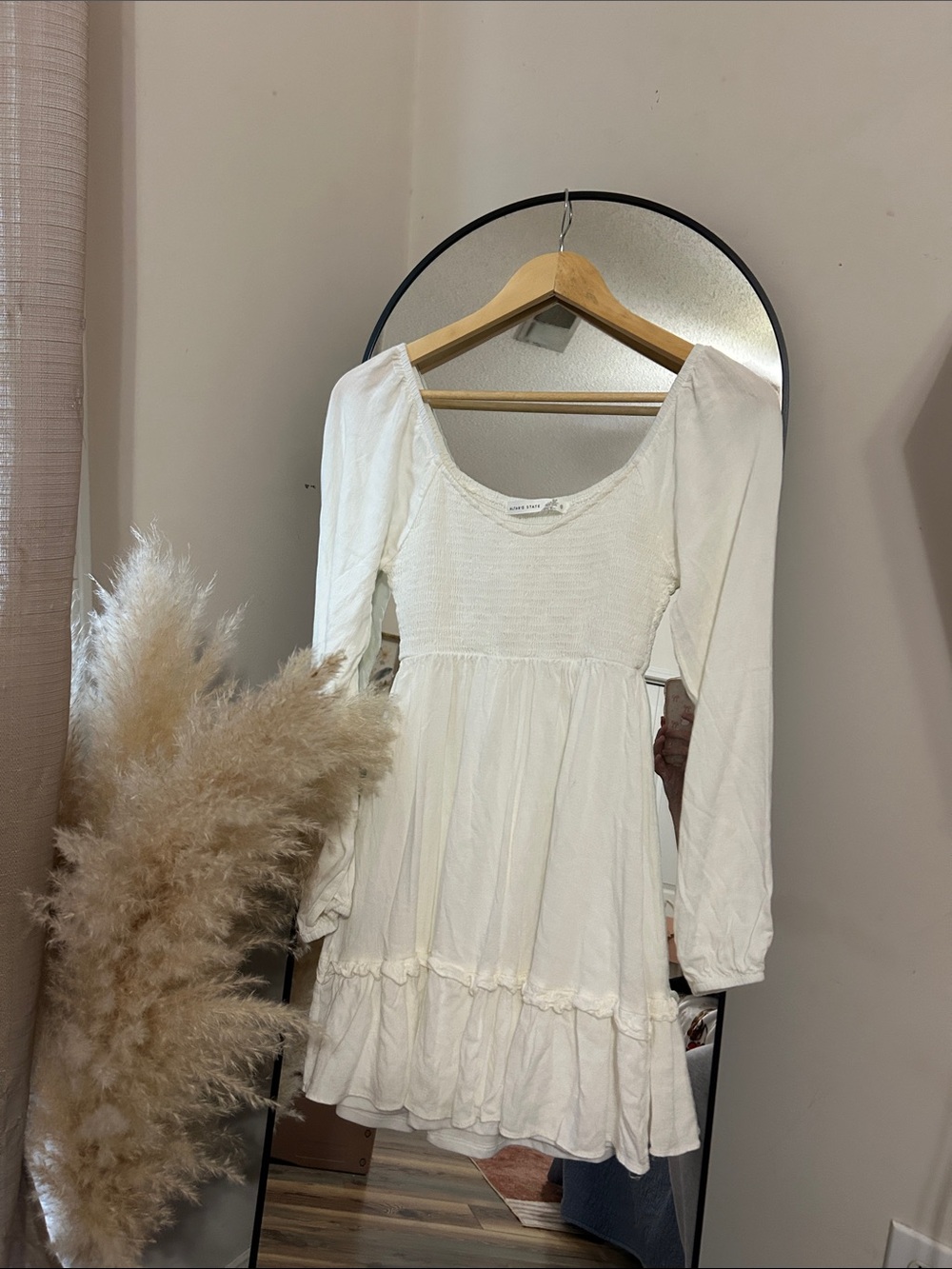 Altar'd State White Long-Sleeve Smocked Tiered Mini Dress